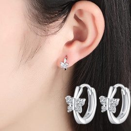 Arihant Silver Plated American Diamond Studded Butterfly Shape Korean Hoop Earrings