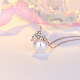 Arihant Rose Gold Plated American Diamond Studded Crown Like Pearl Studded Korean Pendant