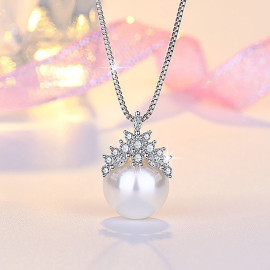 Arihant Silver Plated American Diamond Studded Crown Like Pearl Studded Korean Pendant