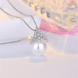 Arihant Silver Plated American Diamond Studded Crown Like Pearl Studded Korean Pendant