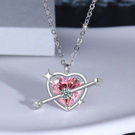 Arihant Silver Plated American Diamond Studded Pink Heart Themed Pendant